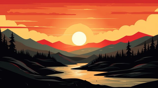 beautiful view of sunset over lake wallpaper. A landscape of Sunset over lake. landscape with a lake and mountains in the background. landscape of mountain lake and forest with sunset in evening.