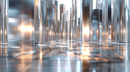 3D model of a silver and chrome metropolis with many skyscrapers. The reflection of the nearest building can be seen on the surface of the building.