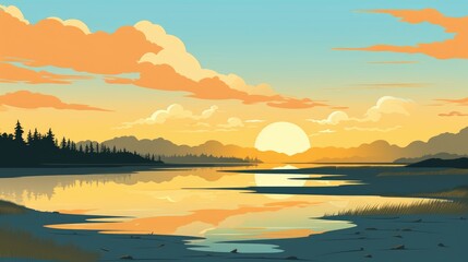 beautiful view of sunset over lake wallpaper. A landscape of Sunset over lake. landscape with a lake and mountains in the background. landscape of mountain lake and forest with sunset in evening.