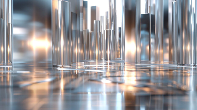 3D model of a silver and chrome metropolis with many skyscrapers. The reflection of the nearest building can be seen on the surface of the building.