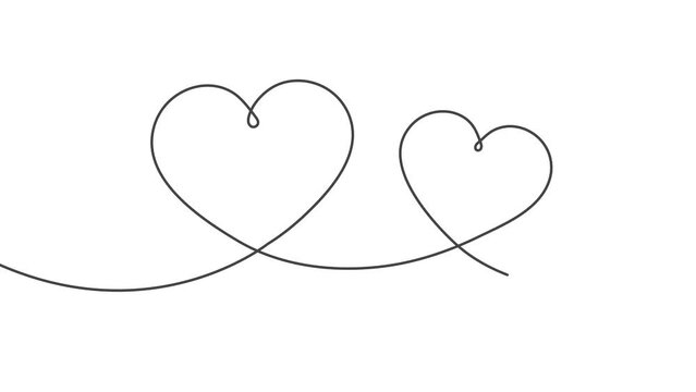 Two love hearts. Valentine's Day. One line drawing. 