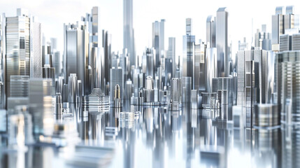 Fototapeta na wymiar 3D model of a silver and chrome metropolis with many skyscrapers. The reflection of the nearest building can be seen on the surface of the building.
