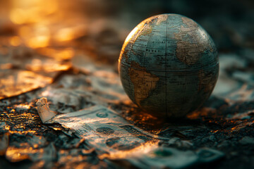 The Earth Globe sits on the ground in the middle of a changing economy. When money is worthless due to the economic crisis It is a symbol of global finance and banking.	 - obrazy, fototapety, plakaty