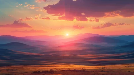 Tuinposter Radiant arcs of color stretching across the horizon,  casting a warm and inviting glow over the landscape © basketman23
