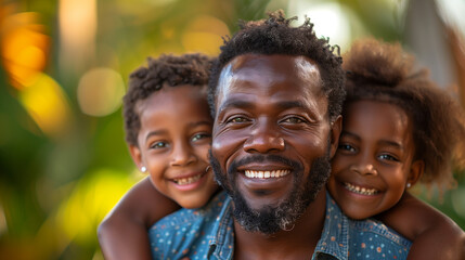 Couple giving two young children piggyback rides smiling.