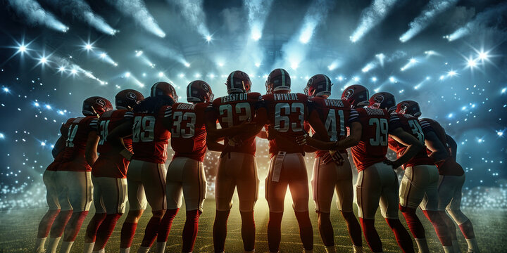Diverse group of football players standing in a huddle on a grassy field during a game