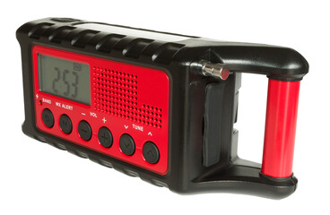 Red weather radio with an LCD display isolated