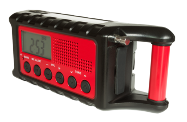 Red weather radio with an LCD display isolated