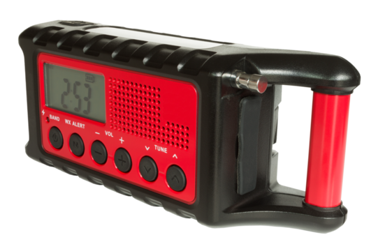 Red weather radio with an LCD display isolated
