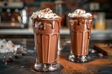 Decadent Chocolate Milkshakes with Whipped Cream Topping in Tall Glasses on a Rustic Bar Counter