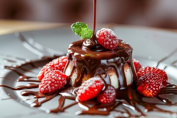 Decadent Chocolate Lava Cake Garnished with Fresh Raspberries and Mint on Elegant Plate