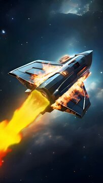Rocket plane experiencing technical difficulties in space, emitting flames. Seamless looping 4k timelapse virtual video animation background generated AI 