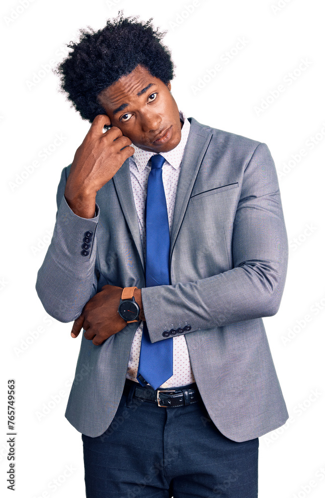 Canvas Prints Handsome african american man with afro hair wearing business jacket thinking looking tired and bored with depression problems with crossed arms.