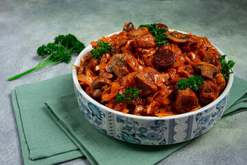 Bigos, bigus is a national Polish dish, made of cabbage and meat, stewed, homemade, no people,