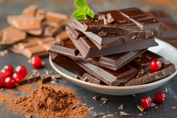 Delicious Stacked Dark Chocolate Bars with Fresh Mint and Red Berries on Rustic Table - obrazy, fototapety, plakaty