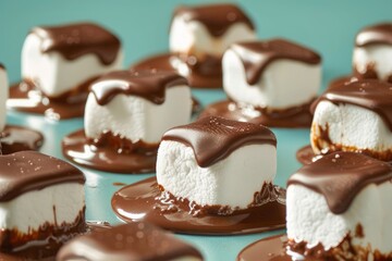 Delightful Array of Chocolate Dipped Marshmallows on a Pastel Background Artistic Confectionery Photography