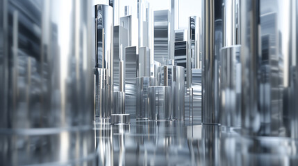 3D model of a silver and chrome metropolis with many skyscrapers. The reflection of the nearest building can be seen on the surface of the building.