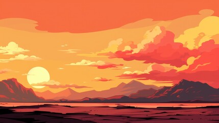 beautiful view of sunset over lake wallpaper. A landscape of Sunset over lake. landscape with a lake and mountains in the background. landscape of mountain lake and forest with sunset in evening.