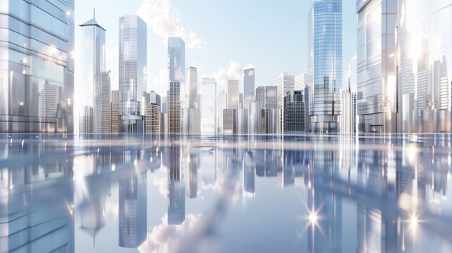 3D model of a silver and chrome metropolis with many skyscrapers. The reflection of the nearest building can be seen on the surface of the building.