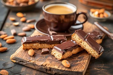 Gourmet Coffee and Chocolate Almond Bar on Rustic Wooden Table, Delicious Snack Pairing for...