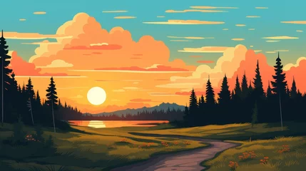 Zelfklevend Fotobehang A landscape of Sunset over lake. landscape with a lake and mountains in the background. landscape of mountain lake and forest with sunset in evening. beautiful view of sunset over lake. © jokerhitam289