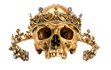 Majestic Skull Crowned in Gleaming Gold Isolated on Transparent Background.