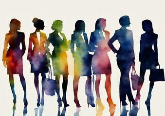 Women in business clothes standing in a row in watercolor silhouette painting style