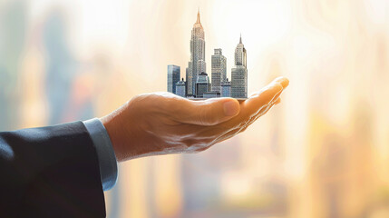 Businessman's Hand Holding Miniature City Skyline
