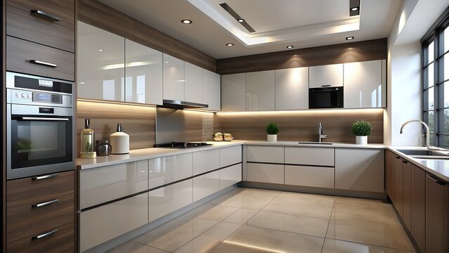 modern kitchen interior with white cabinets and wooden walls with stove, oven, sink