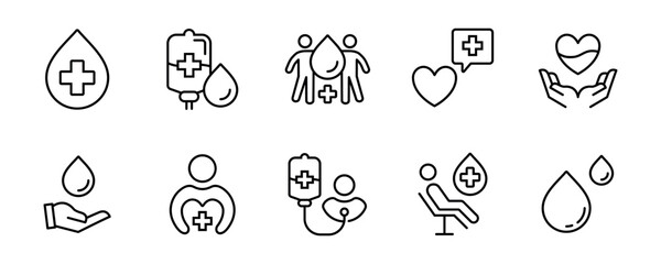 blood donor transfusion icon line set blood donation giving life charity health care vector outline illustration for web and app
