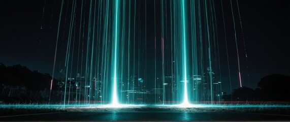 Teal motion concept speed of light neon rays flare light effect on dark sky backdrop with copy space from Generative AI