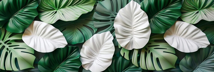 3d white and green leaves wall mural, monstera plant leaf texture pattern, tropical rainforest leaves background, 