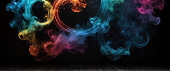 Circular colorful glowing light shaped smoke fog effect plain black backdrop with copy space from Generative AI - obrazy, fototapety, plakaty