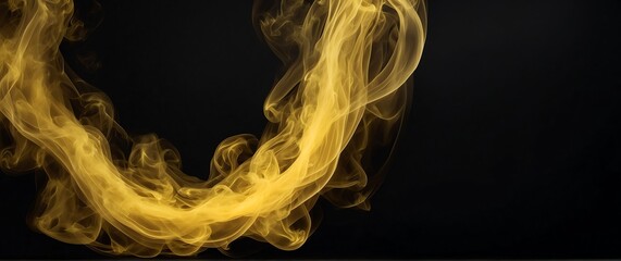 Circular yellow glowing light shaped smoke fog effect plain black backdrop with copy space from Generative AI
