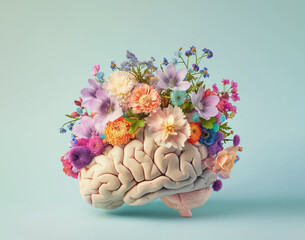 human brain with spring flowers, mental health concept