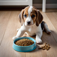 Beagle puppy lies in front of a bowl of dog food on a wooden floor