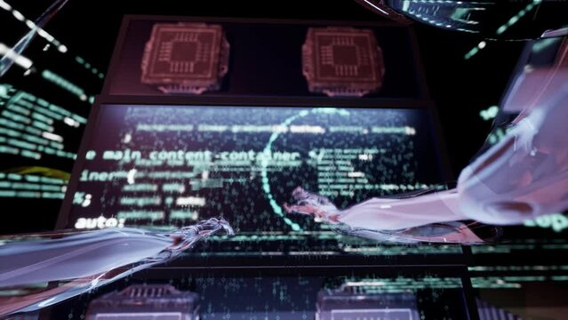 camera moving across humanoid robotic skeleton working on source data code. Modern futuristic animation