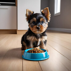 A cute Yorkshire terrier puppy sits on the floor in front of a bowl of food. Pet food