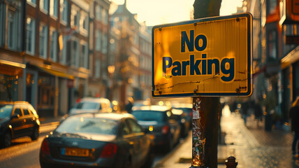 No parking sign on a city street at sunset