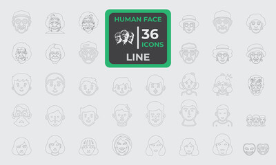 Set of 36 Face Human Face Line Icon related to men, women, girls, boys and children face. Line editable icons collection. Vector illustration.