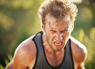Young athletic man taking a break during a challenging jogging outdoor - obrazy, fototapety, plakaty