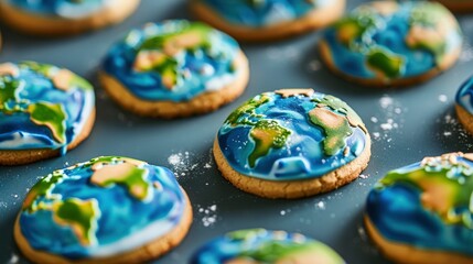 Fototapeta na wymiar A close up of cookies decorated with blue and green icing the shape of Earth
