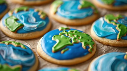 Fototapeta na wymiar A close up of cookies decorated with blue and green icing the shape of Earth