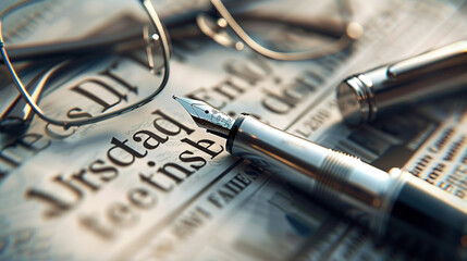 Close-up of Fountain Pen, Glasses, and Financial Newspaper