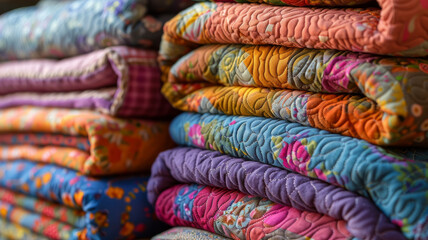 Stacks of colorful patterned fabric