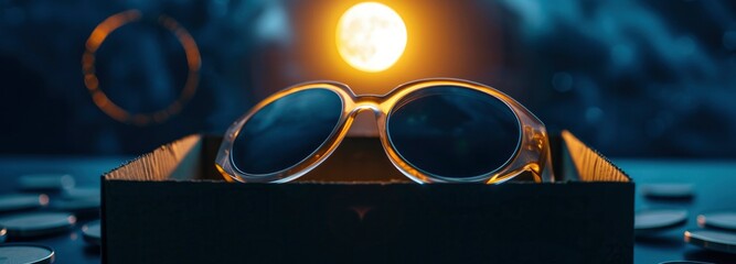 Solar eclipse glasses on a dark blue background - obrazy, fototapety, plakaty