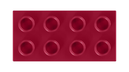 Fototapeta premium Burgundy Lego Block Isolated on a White Background. Close Up View of a Plastic Children Game Brick for Constructors, Top View. High Quality 3D Rendering with a Work Path. 8K Ultra HD, 7680x4320