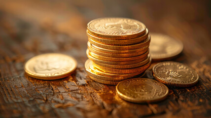 Pile of golden coins on surface