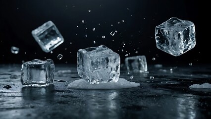 Scattered ice cubes  fell onto the wet floor, close up photo realistic, on background