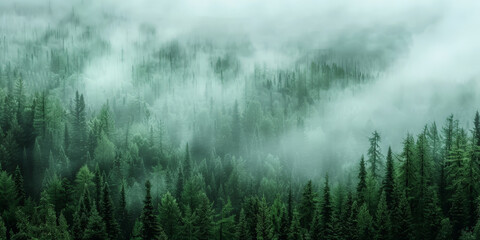 misty  forest with fog in the mountains, Misty landscape with fir forest in hipster vintage retro style. dark green Misty landscape with fir forest banner